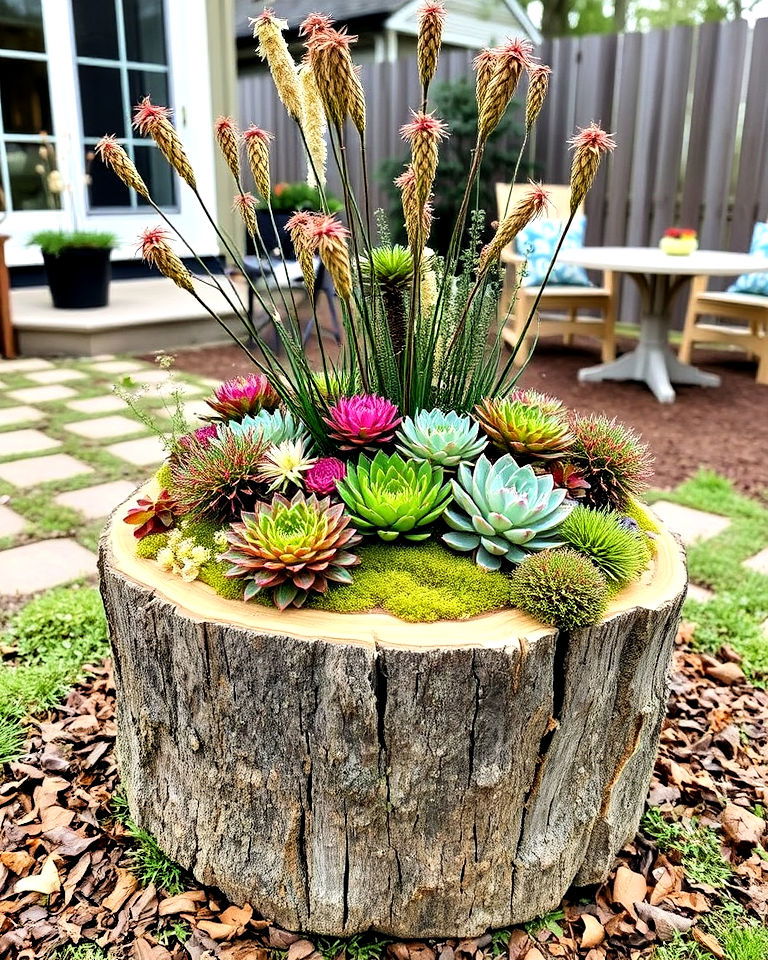 fall flowers in log planter - 40 Fall Planter Ideas