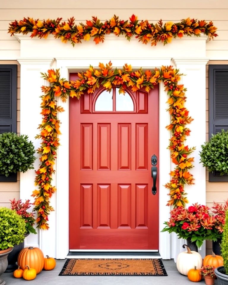 fall themed garland around front door frame - 30 Front Door Fall Decor Ideas