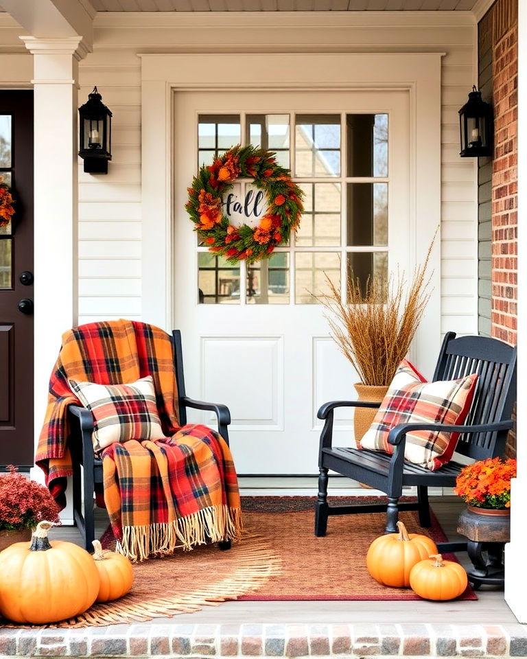 fall themed plaid blankets and pillows - 30 Front Door Fall Decor Ideas