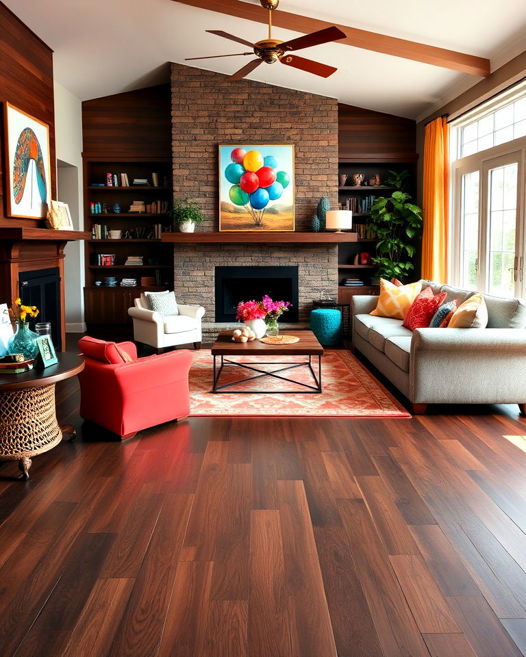 family room with dark walnut floor and colorful decor - 20 Dark Walnut Floors for Rooms