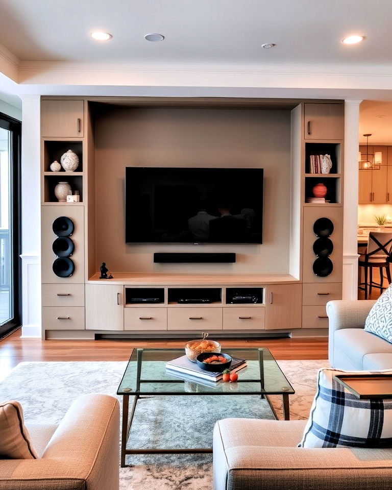 family room with half height media wall - 30 Half Wall Ideas
