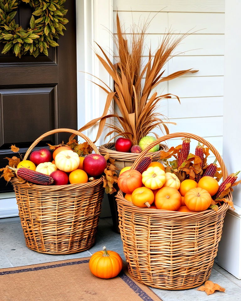 farm inspired apples and gourds in baskets - 30 Front Door Fall Decor Ideas