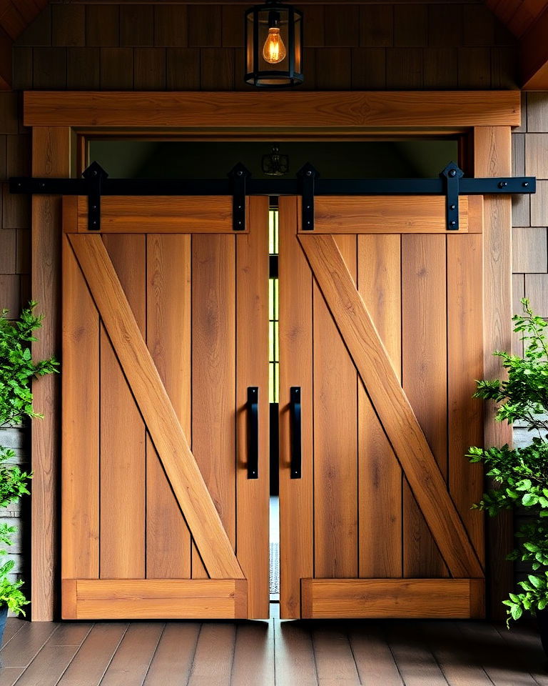 farmhouse aesthetic barn style sliding doors - 30 Rustic Porch Ideas