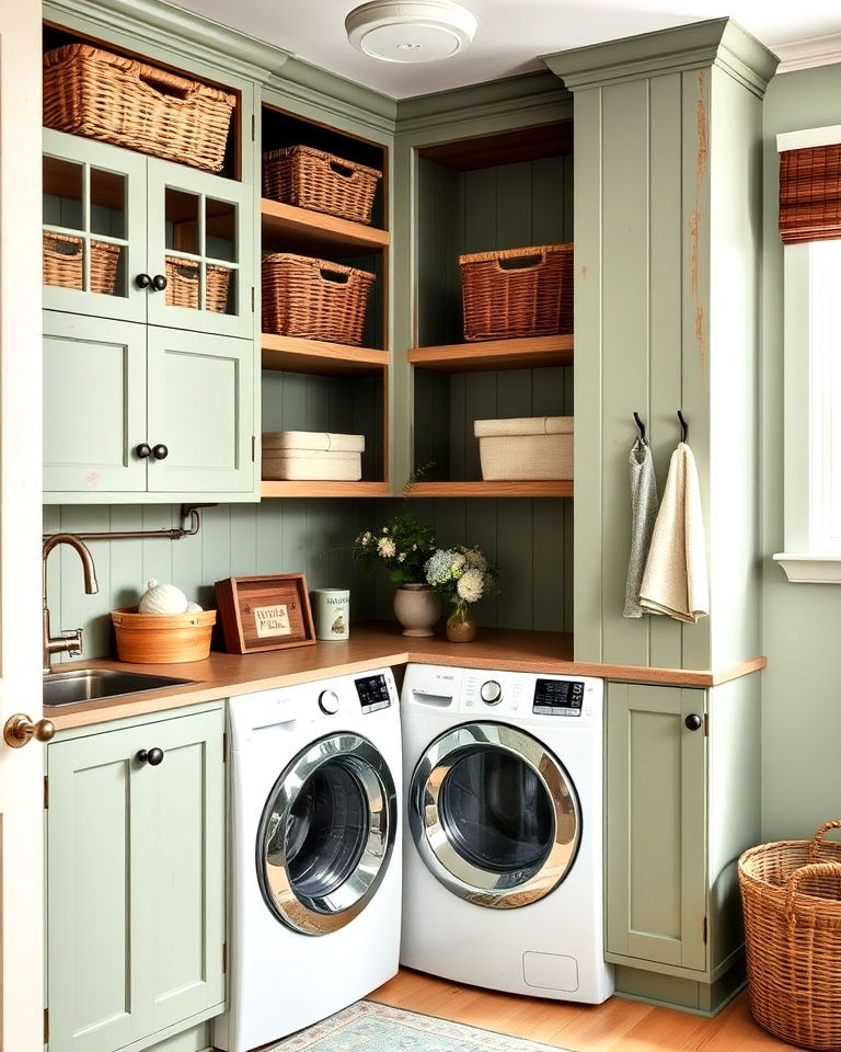 farmhouse aesthetic sage and wood combo - 15 Sage Green Laundry Room Ideas