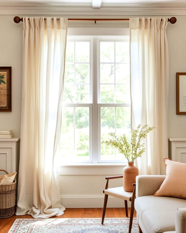 farmhouse aesthetic sheer linen panels - 40 Farmhouse Window Treatment Ideas