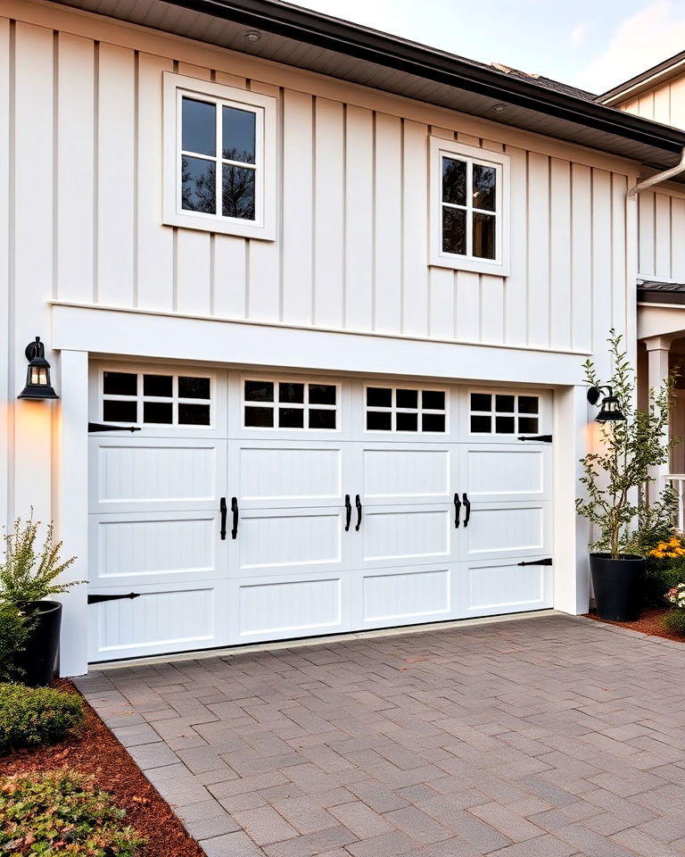 farmhouse aesthetic white board and batten design - 20 Exterior Garage Door Trim Ideas