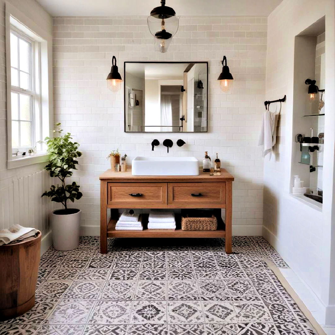 farmhouse bathroom with patterned tiles - 40 Farmhouse Bathroom Ideas