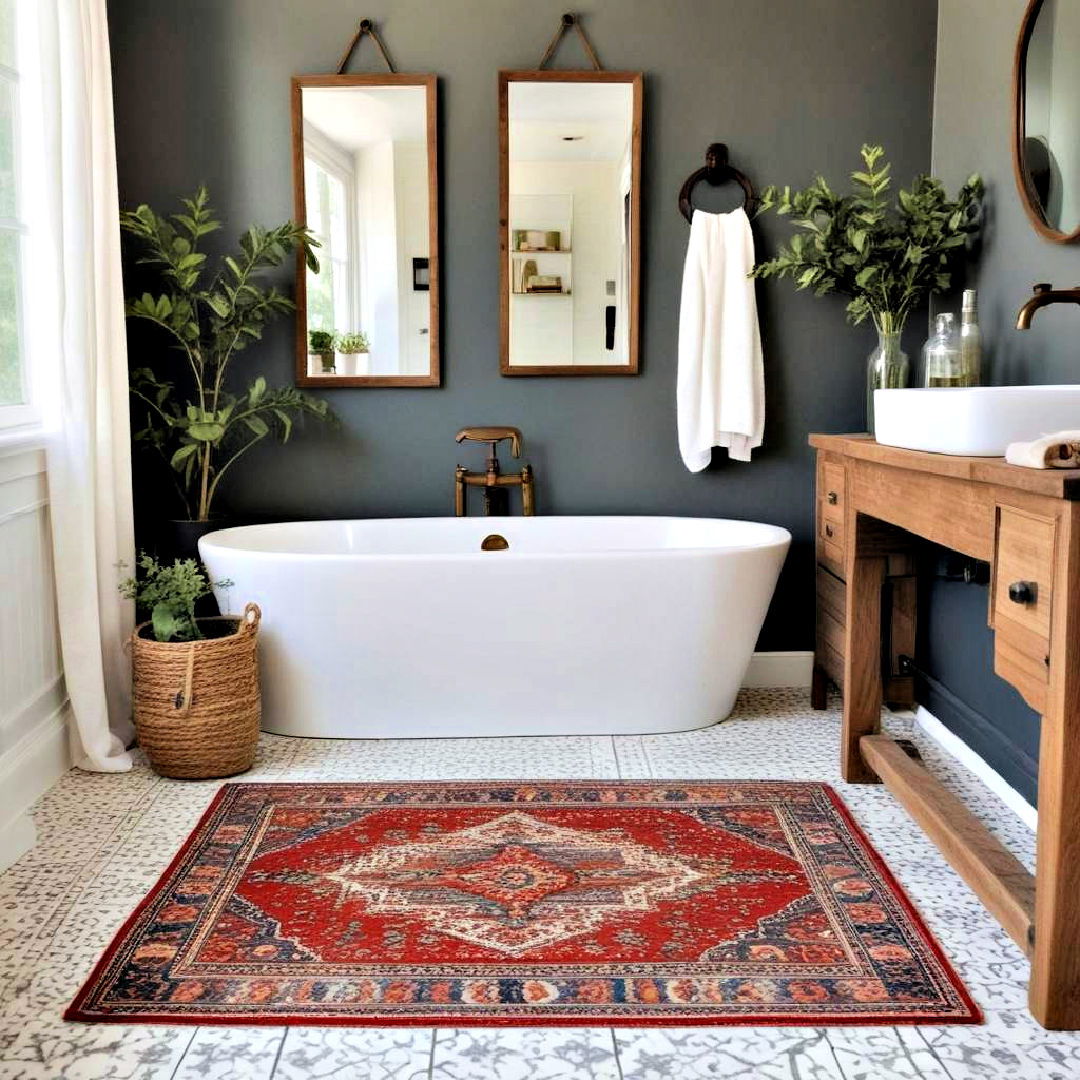 farmhouse bathroom with vintage rug - 40 Farmhouse Bathroom Ideas