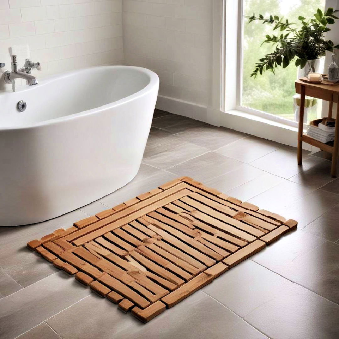 farmhouse bathroom with wooden bath mat - 40 Farmhouse Bathroom Ideas