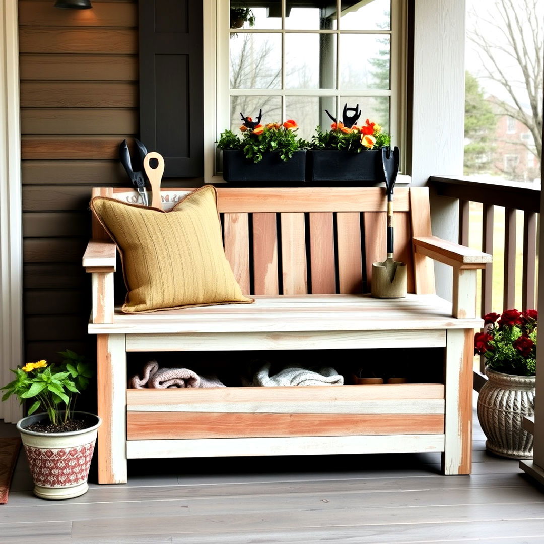 farmhouse bench with built in storage - 25 Rustic Front Porch Ideas