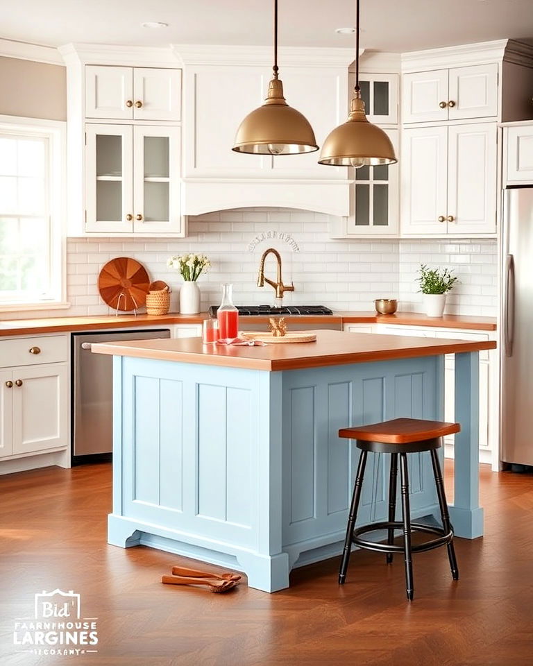 farmhouse blue island and white shaker cabinets - 30 White Kitchen Cabinets With Blue Island