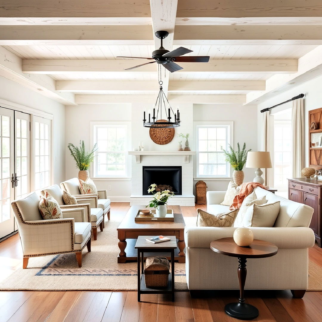 farmhouse chic whitewashed beams ideas - 25 Exposed Beam Living Room Ideas