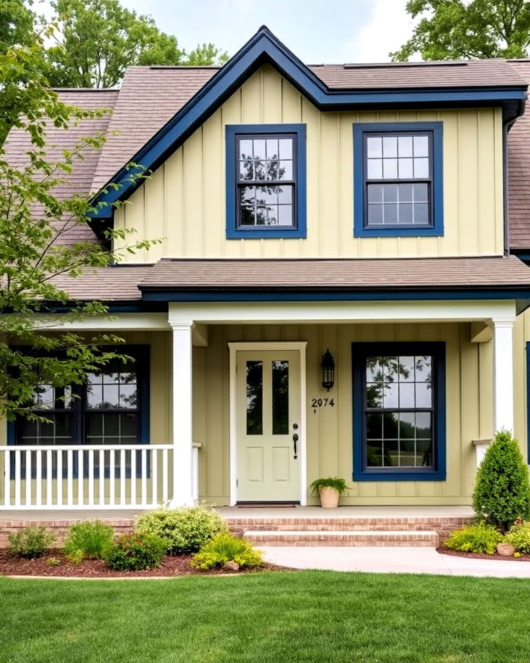 farmhouse exterior with light olive and navy blue trim - 25 Farmhouse Green Exterior Home Ideas