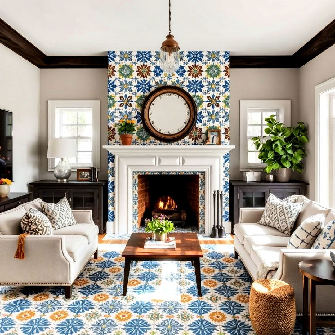 farmhouse fireplace with cement tiles in bold patterns - 30 Farmhouse Fireplace Tile Ideas