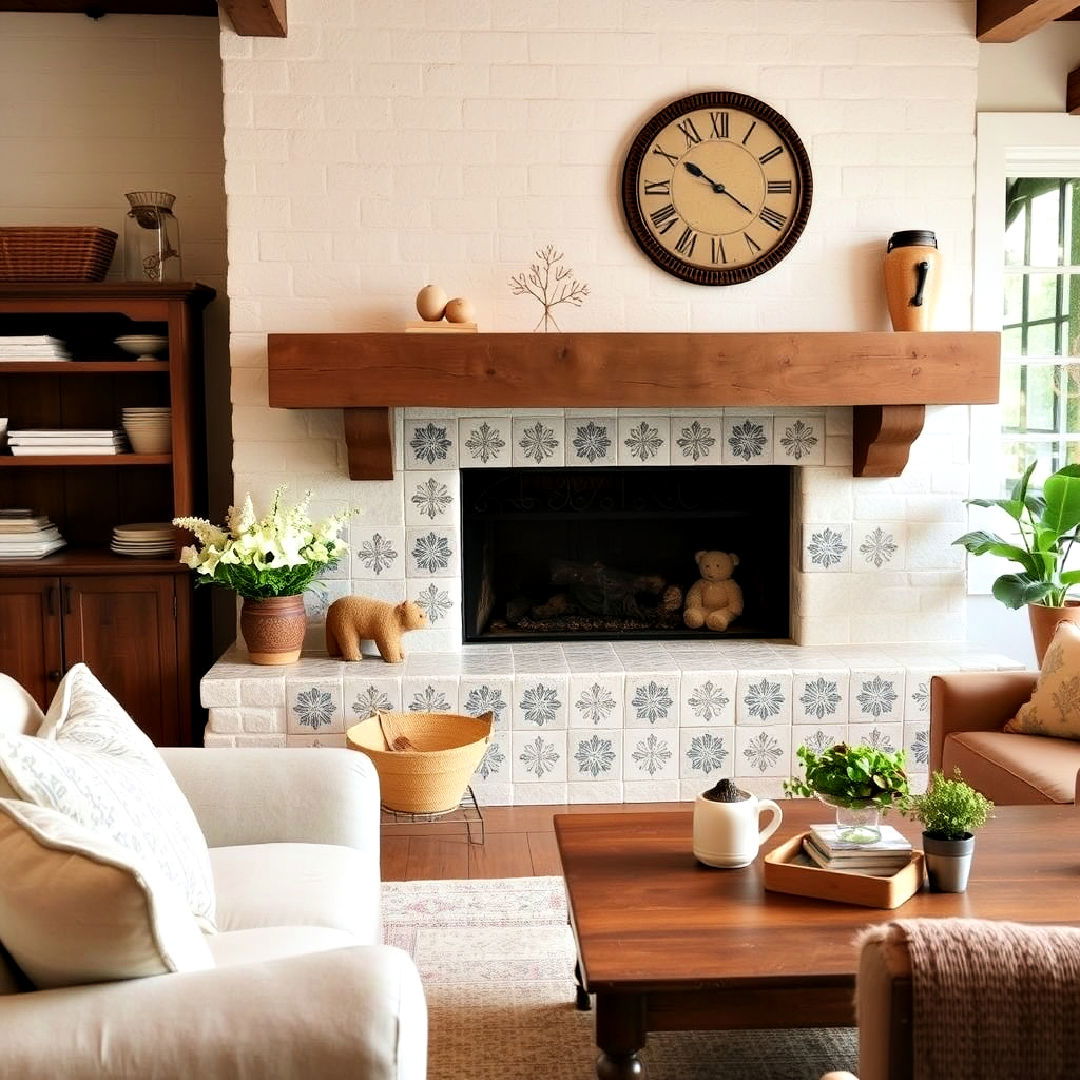 farmhouse fireplace with hand painted ceramic tiles - 30 Farmhouse Fireplace Tile Ideas