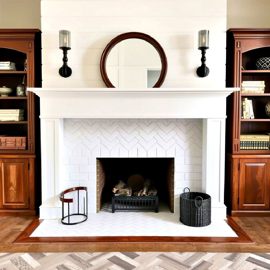 farmhouse fireplace with herringbone patterned tiles - 30 Farmhouse Fireplace Tile Ideas