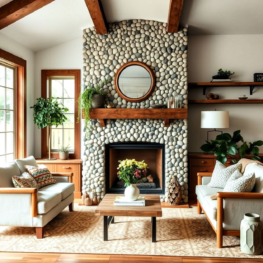 farmhouse fireplace with pebble mosaic tiles - 30 Farmhouse Fireplace Tile Ideas