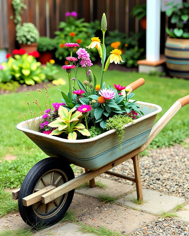 farmhouse garden with wheelbarrow planters - 20 Farmhouse Garden Ideas