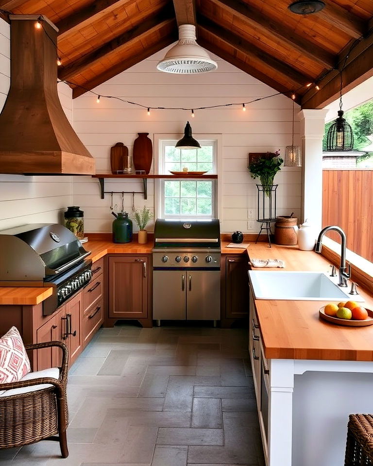 farmhouse inspired pool house kitchen - 20 Pool House With Outdoor Kitchen Ideas