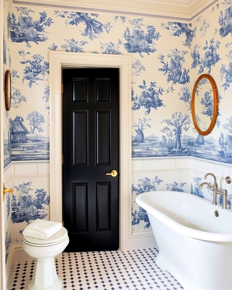 farmhouse inspired vintage toile wallpaper - 30 Bathroom Wallpaper Ideas