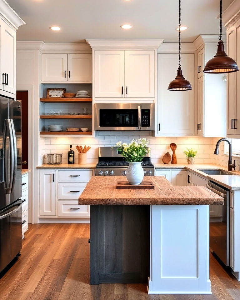 farmhouse inspired white kitchen and stainless steel appliances - 25 White Kitchen with Stainless Steel Appliances Ideas