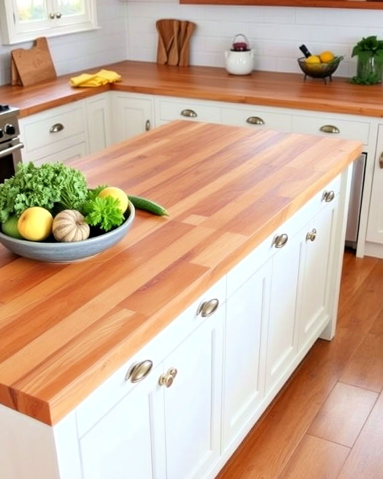 farmhouse island with butcher block countertop - 25 Farmhouse Kitchen Island Ideas