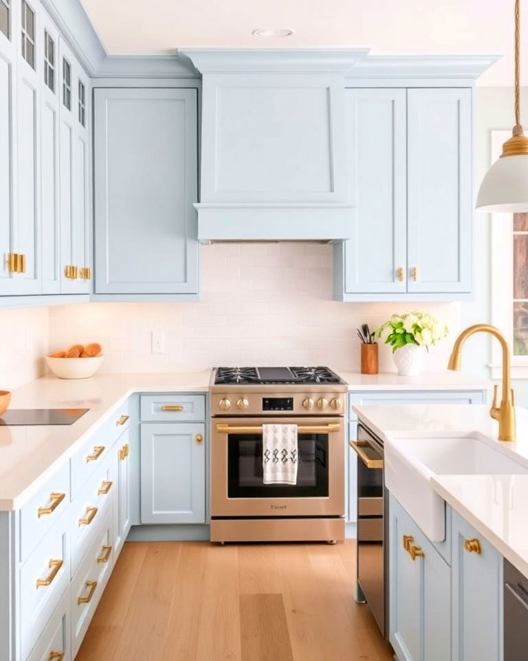 farmhouse kitchen baby blue cabinets and brass fixtures - 30 Blue Farmhouse Kitchen Cabinets