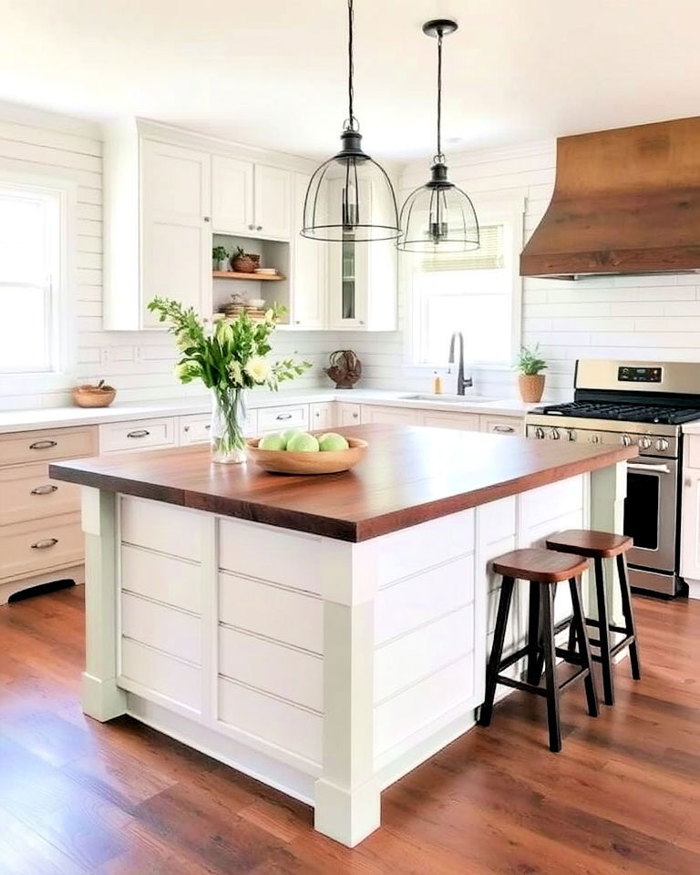 farmhouse kitchen island with shiplap panels - 25 Farmhouse Kitchen Island Ideas