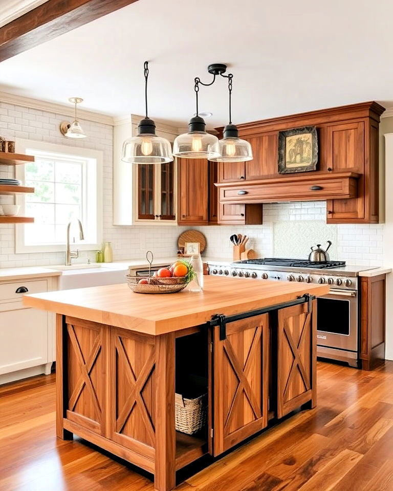 farmhouse kitchen island with sliding barn doors - 25 Farmhouse Kitchen Island Ideas