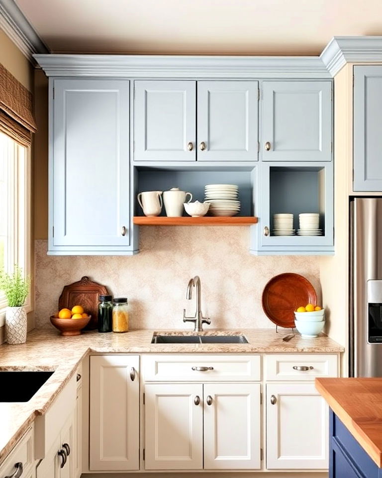 farmhouse kitchen with cornflower blue upper cabinets - 30 Blue Farmhouse Kitchen Cabinets