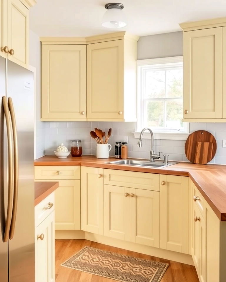 farmhouse kitchen with pale yellow cabinets - 40 Kitchen Cabinet Color Ideas