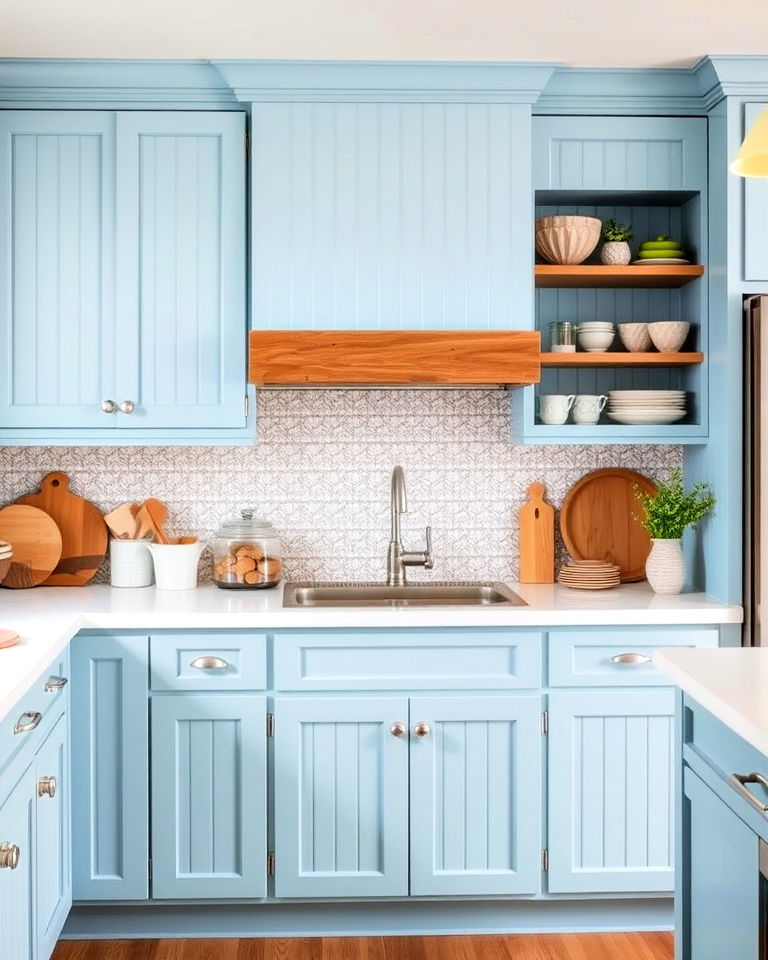farmhouse kitchen with sky blue beadboard cabinets - 30 Blue Farmhouse Kitchen Cabinets