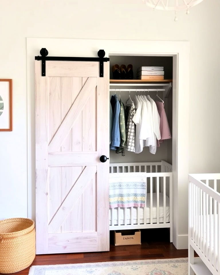 farmhouse nursery with barn door closet - 15 Farmhouse Nursery Ideas