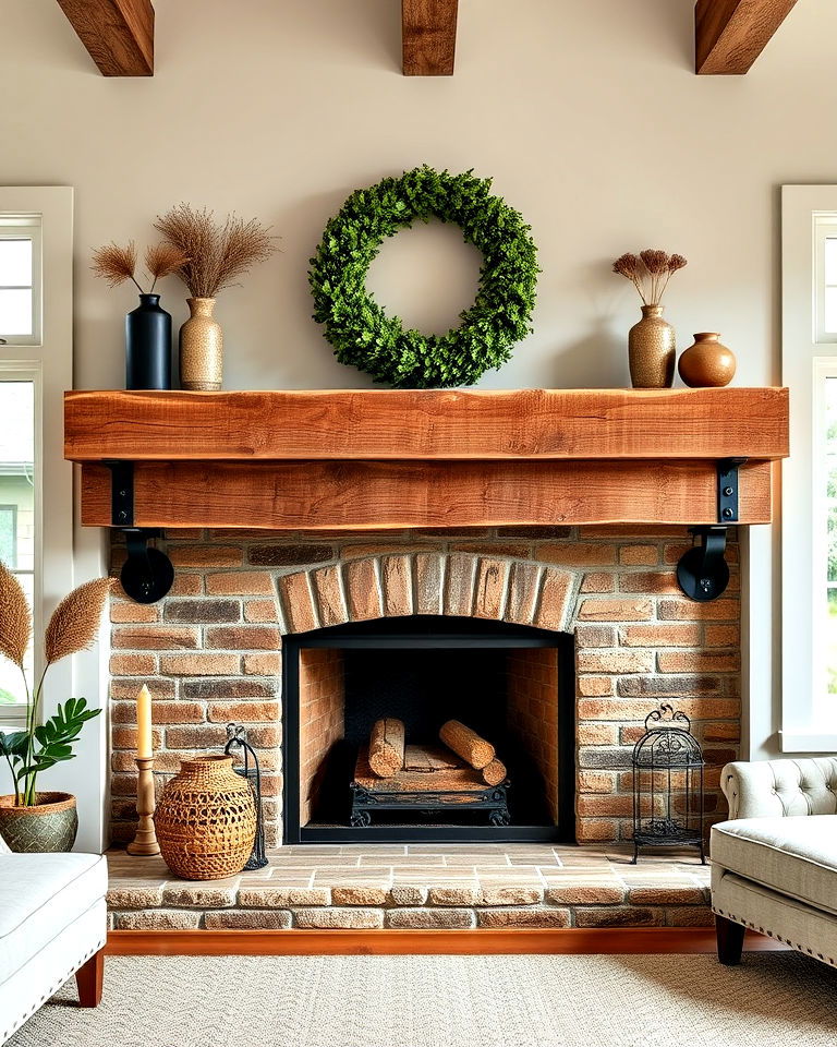 farmhouse style barnwood mantel with brackets - 20 Wood Fireplace Mantel Ideas