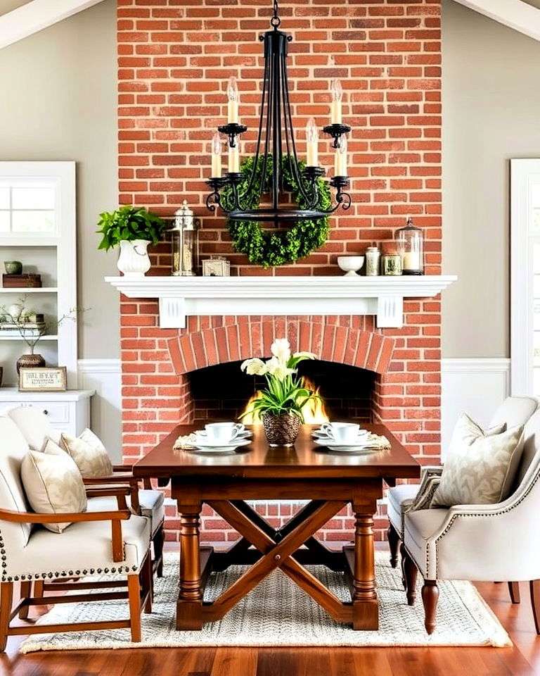 farmhouse style dining room with brick fireplace - 30 Dining Rooms With Fireplaces