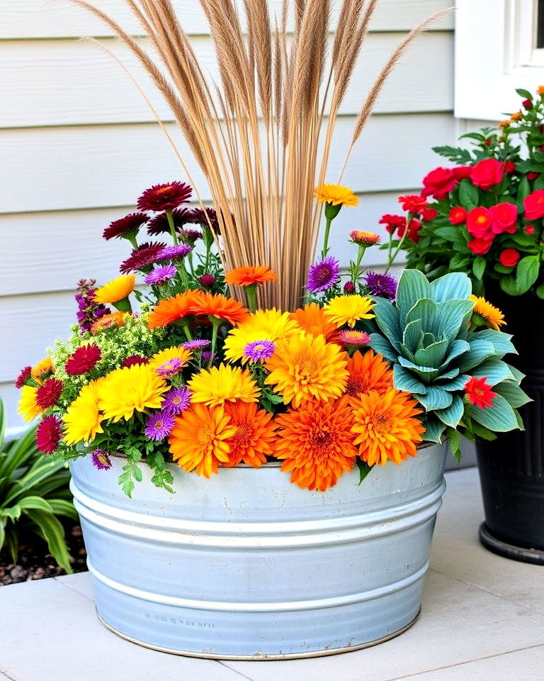 farmhouse style galvanized metal tub planter - 40 Fall Planter Ideas