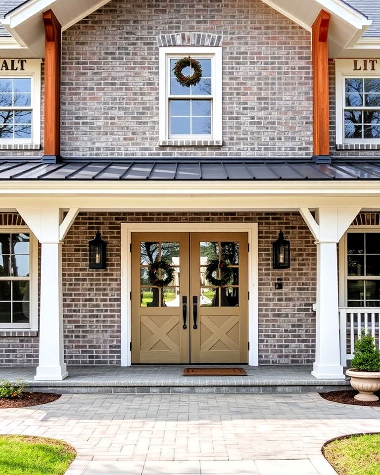 farmhouse style gray bricks and white trim - 30 Gray Brick Exterior Home Ideas