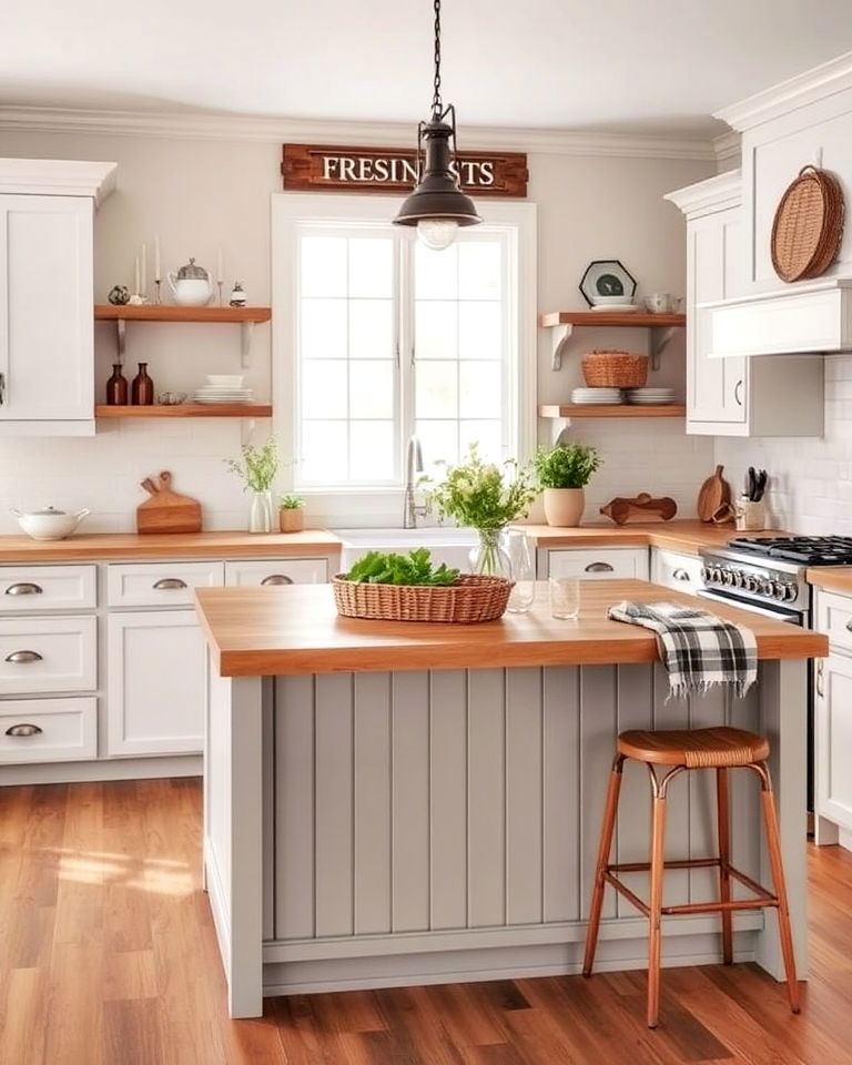 farmhouse style grey beadboard island - 15 White Kitchen Cabinets With Grey Island Ideas