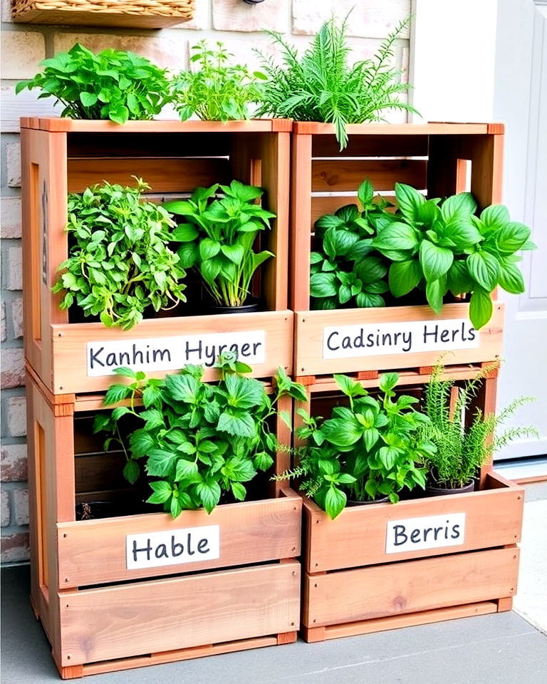 farmhouse style herb gardens in wooden crates - 20 Farmhouse Garden Ideas