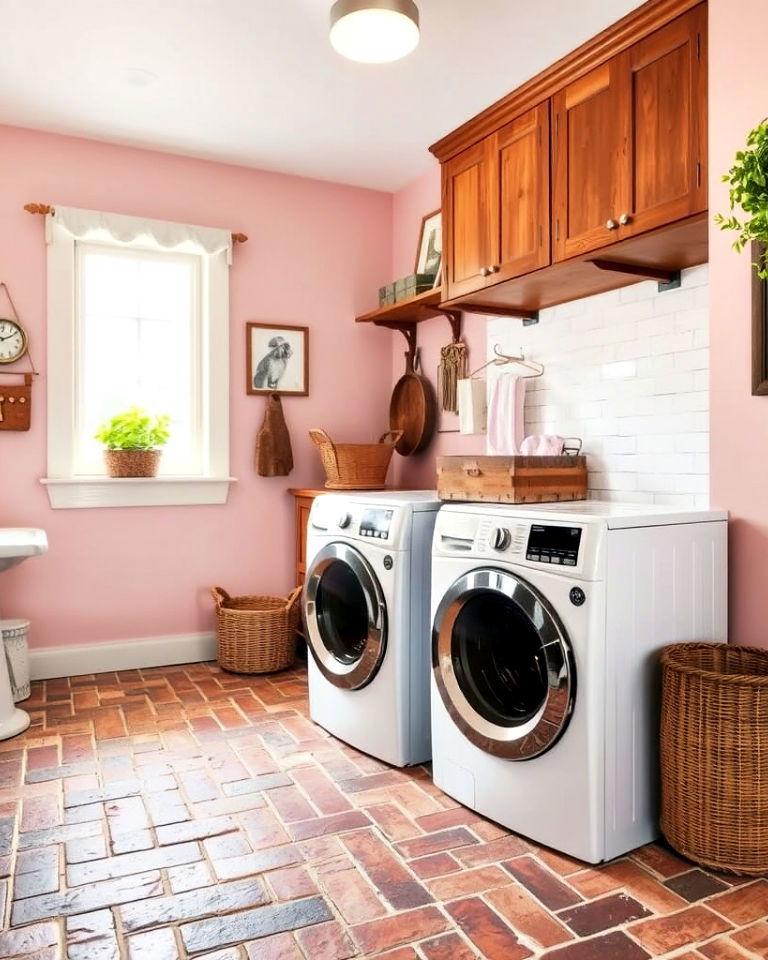 farmhouse style laundry room with rustic brick flooring - 15 Brick Floor Laundry Room Ideas