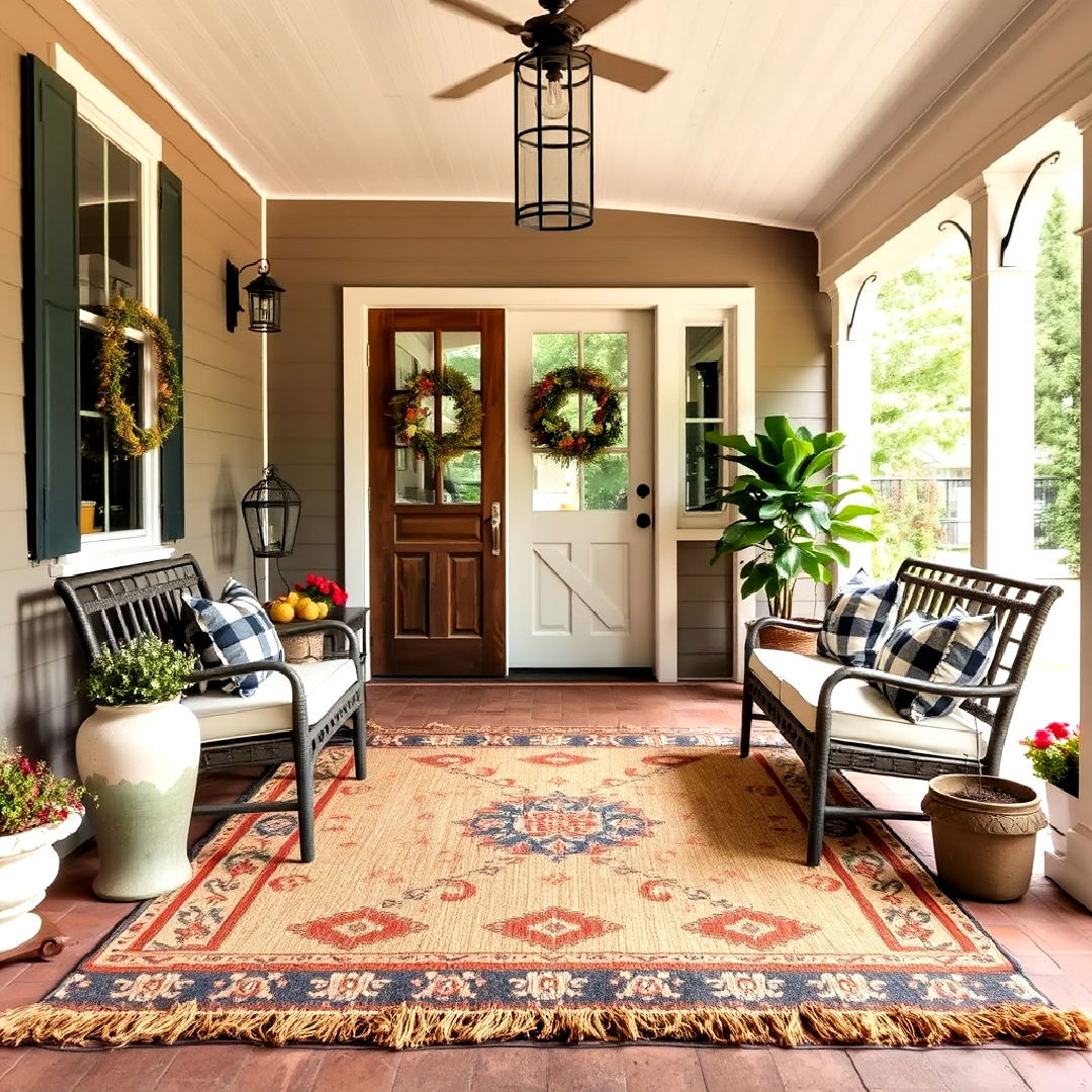 farmhouse style outdoor rug for rustic front porch - 25 Rustic Front Porch Ideas