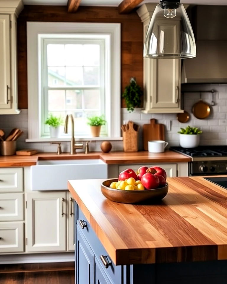 farmhouse style rustic butcher block countertops - 40 Kitchen Countertop Ideas