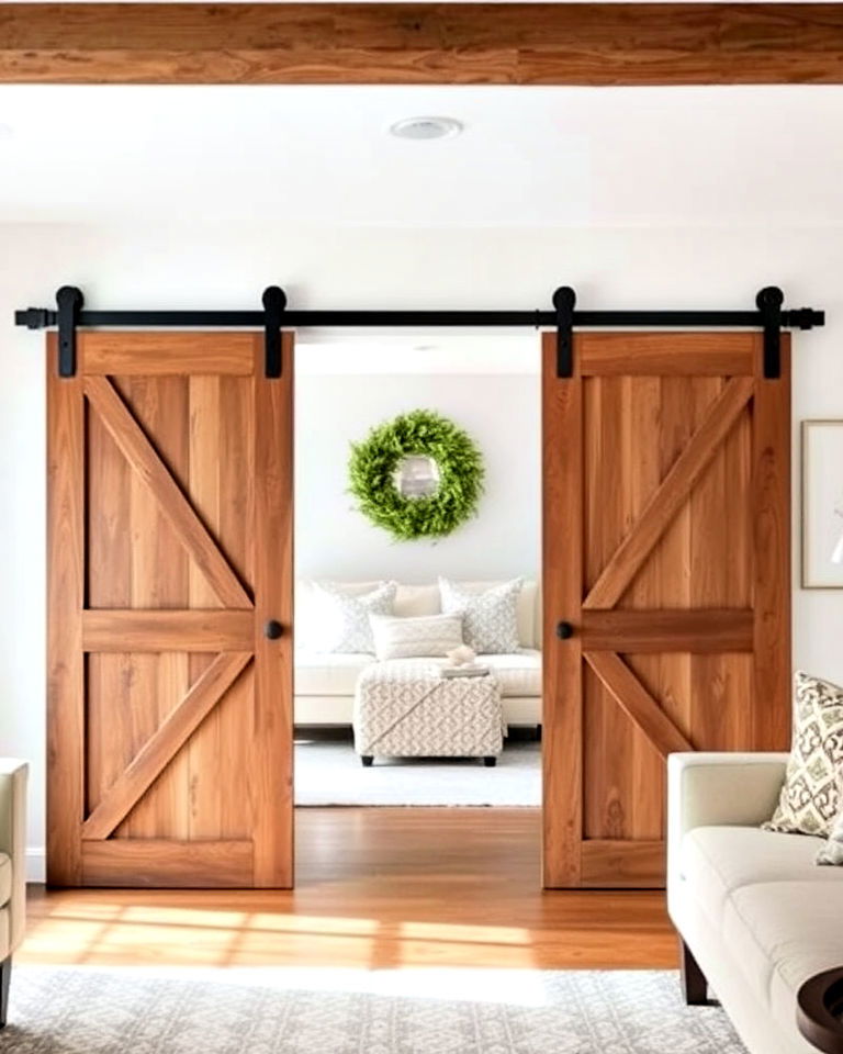 farmhouse style sliding barn doors - 25 Joanna Gaines Living Room Ideas