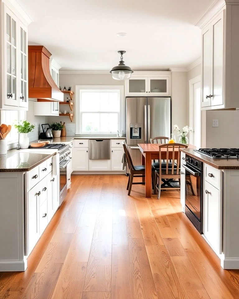 farmhouse style wide plank pine kitchen floor - 15 Kitchens With Wood Floors