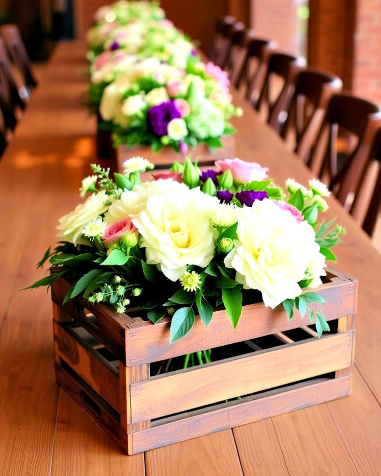 farmhouse style wooden crates with flowers - 30 Rehearsal Dinner Centerpiece Ideas