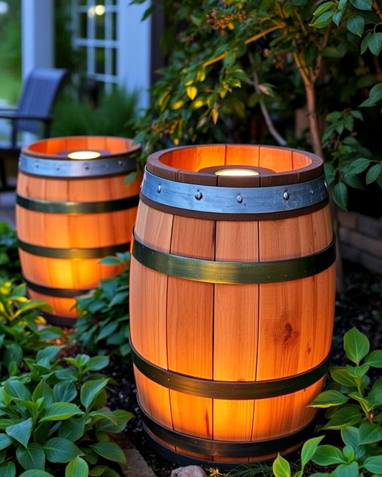 farmhouse themed rustic barrel lights - 40 Garden Lighting Ideas