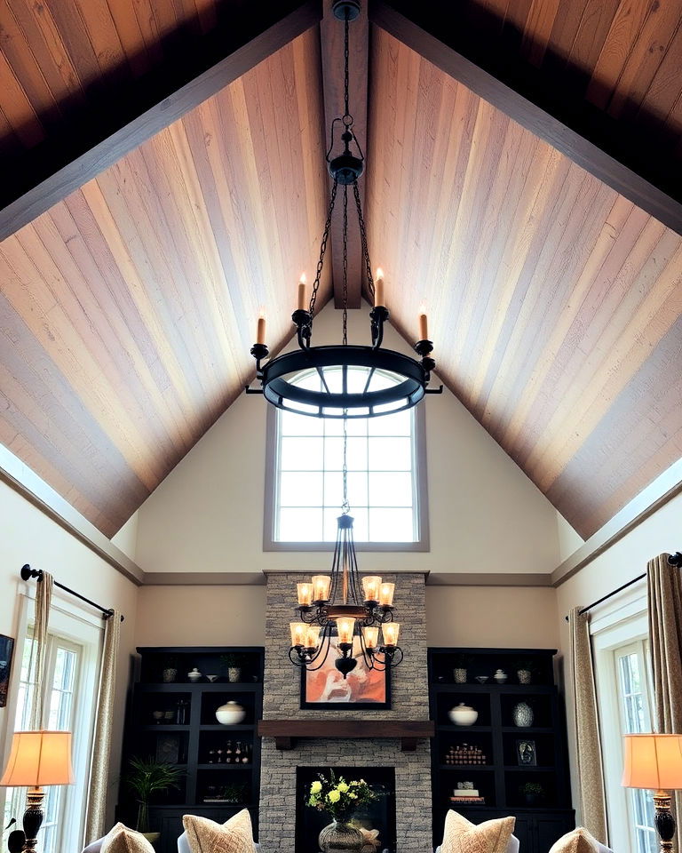 farmhouse vaulted ceilings with chandelier - 20 Farmhouse Ceiling Ideas