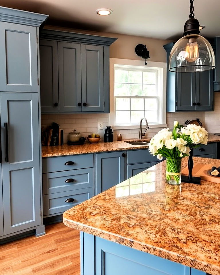 farmhouse vibe blue cabinets and brown granite countertops - 20 Blue Kitchen Cabinets With Brown Granite Countertops