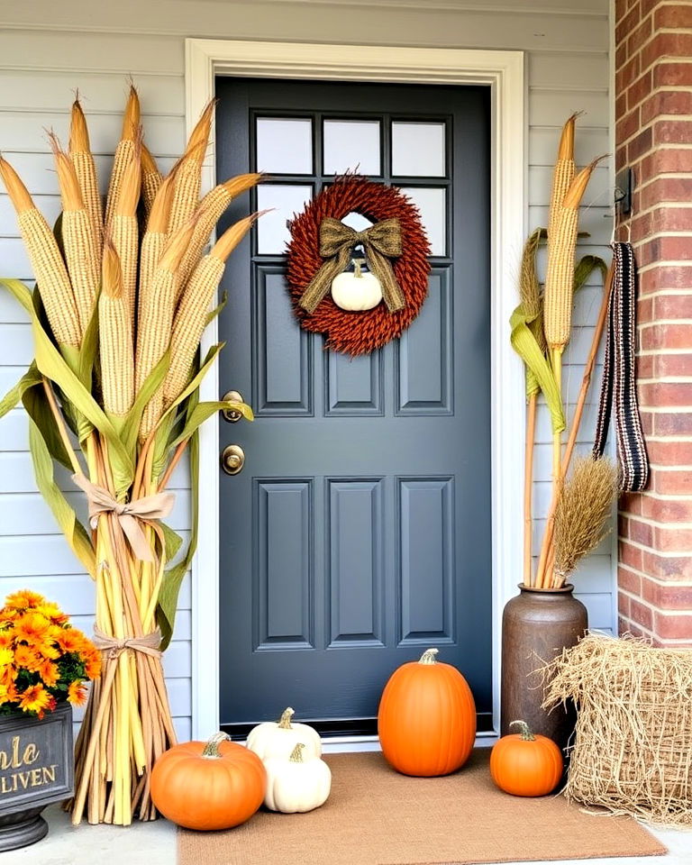farmhouse vibe cornstalk bundles - 30 Front Door Fall Decor Ideas