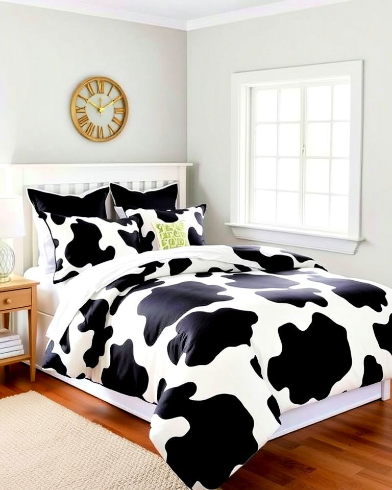 farmhouse vibe cow print bedding - 15 Cow Print Room Decor Ideas